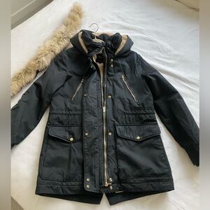 ZARA Trafaluc Black Faux Removable Fur Hooded Parka with Gold Detail Size Small